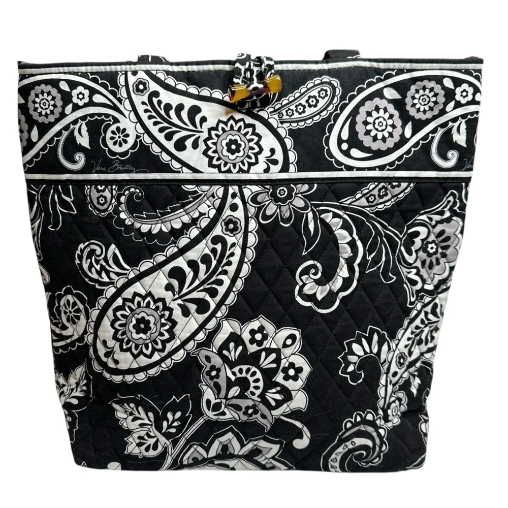 Vera Bradley Original Vera Tote Bag Midnight‎ Paisley Black White Quilted Iconic